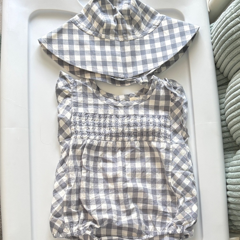 Pehr Blue and White Checkered Baby Outfit with Hat